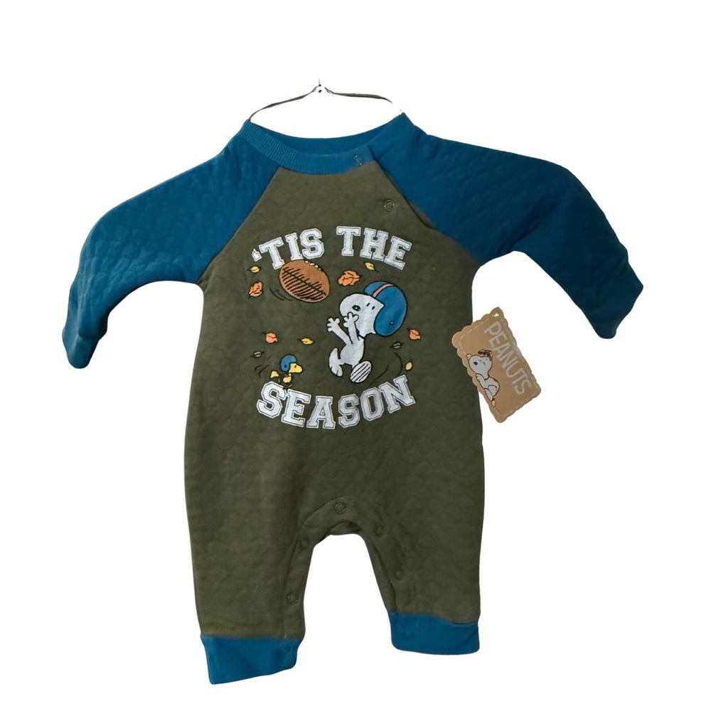 NWT Peanuts Kids One Piece Quilted- Blue and Green Football Outfit Size 0/3 Mths